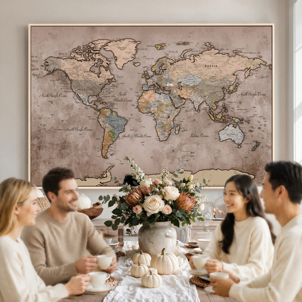 Grunge World Map Canvas Wall Art - Vintage Aged World Map with Golden Tones