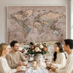 Grunge World Map Canvas Wall Art - Vintage Aged World Map with Golden Tones