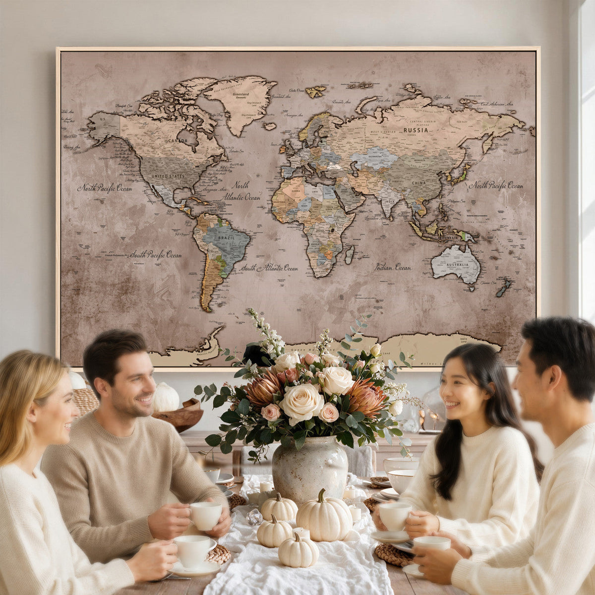 Grunge World Map Canvas Wall Art - Vintage Aged World Map with Golden Tones