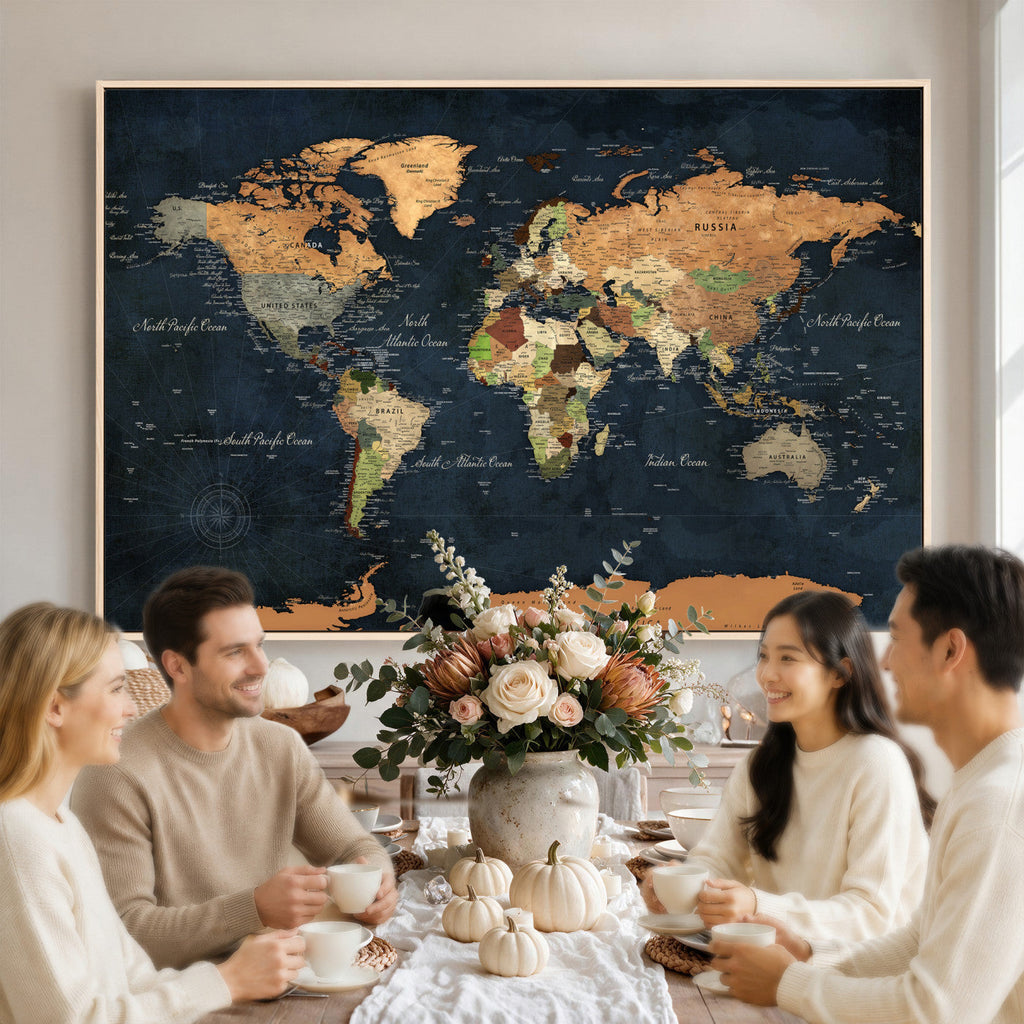 Vintage World Map Canvas Wall Art | Detailed Map with Countries, Oceans and Continents