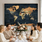 Vintage World Map Canvas Wall Art | Detailed Map with Countries, Oceans and Continents