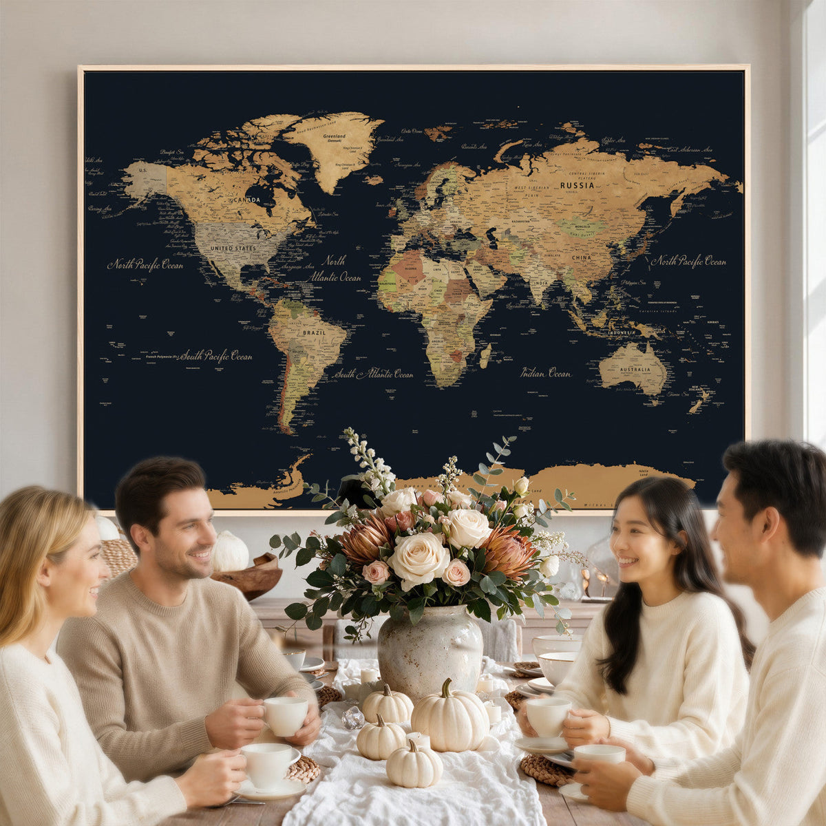 Vintage World Map Earth Globe Countries Oceans Continents