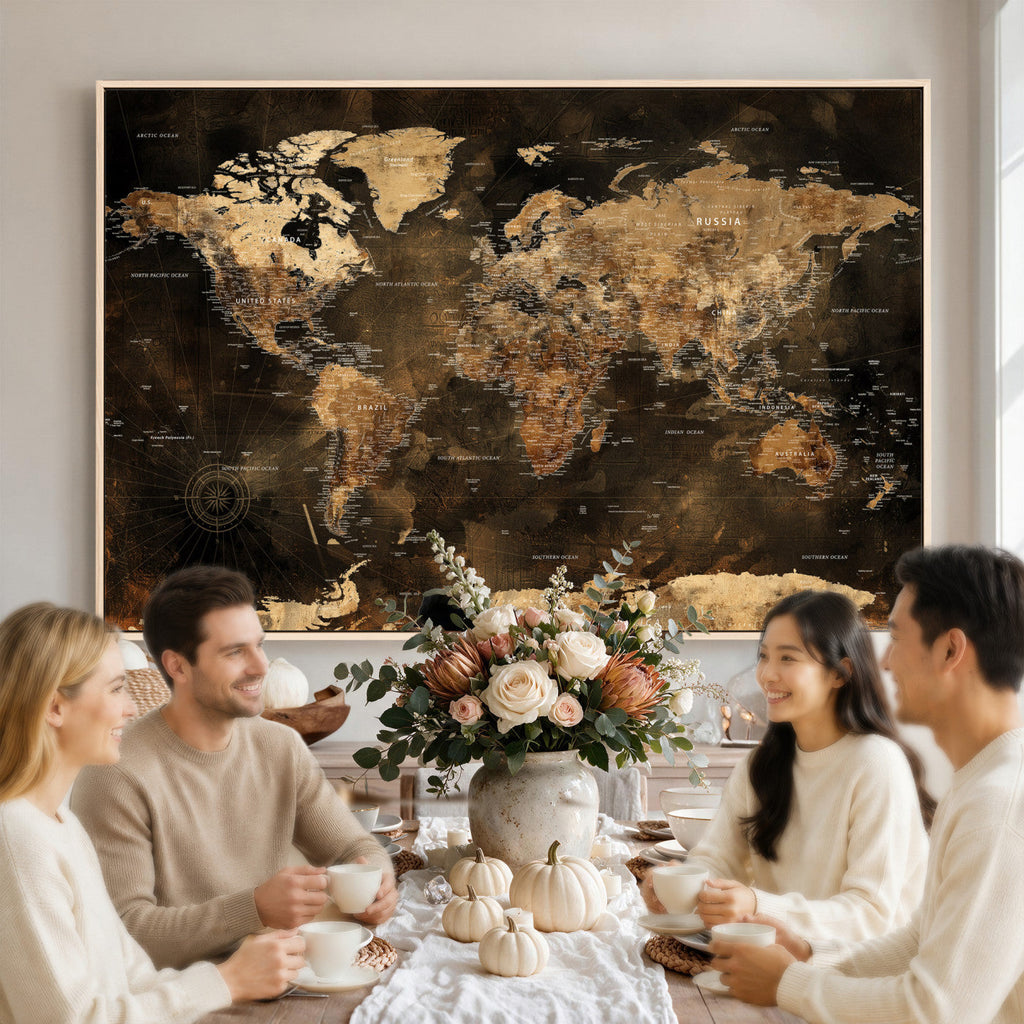 World Map Canvas Print, Modern Decorative Framed Map Artwork
