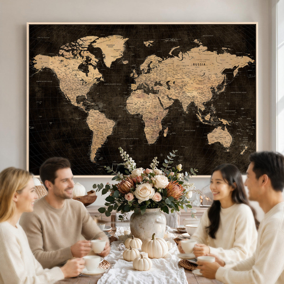 Brown World Map Canvas Print | Modern Travel Map Wall Art