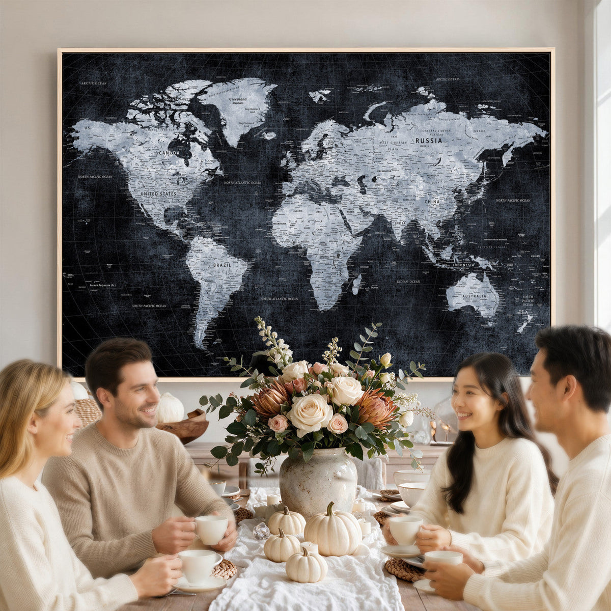 Black World Map Canvas Print | Detailed Map for Couples and Anniversary Gift