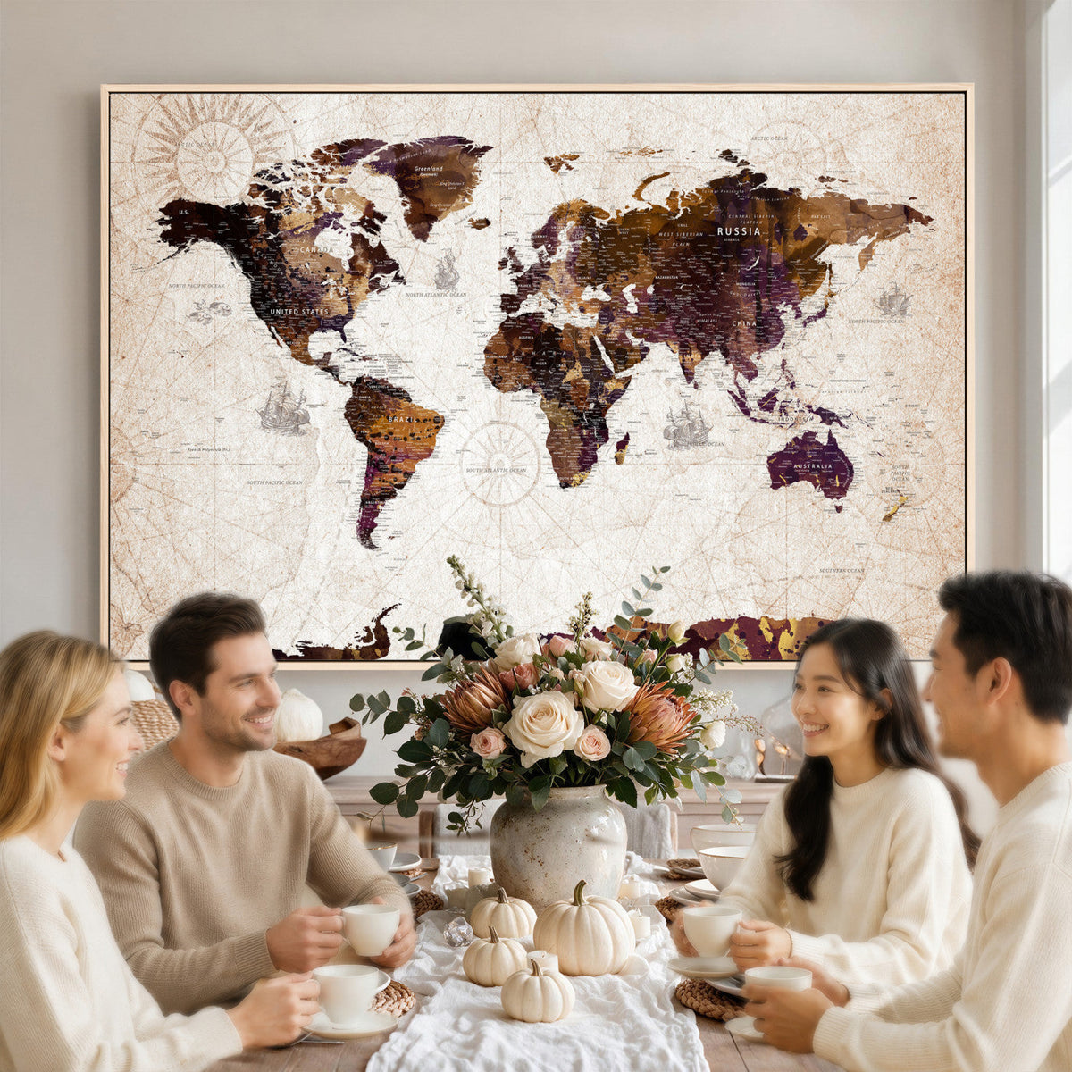 Blue Watercolor World Map Canvas Print | Framed Modern Wall Art