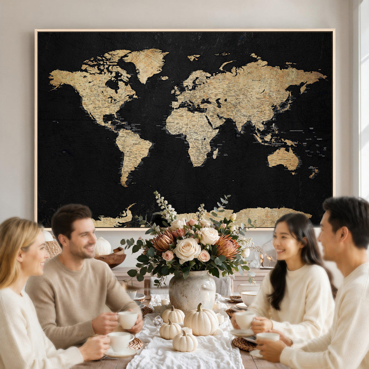 Beige World Map Canvas Wall Art Print, Minimal Black and Beige Map