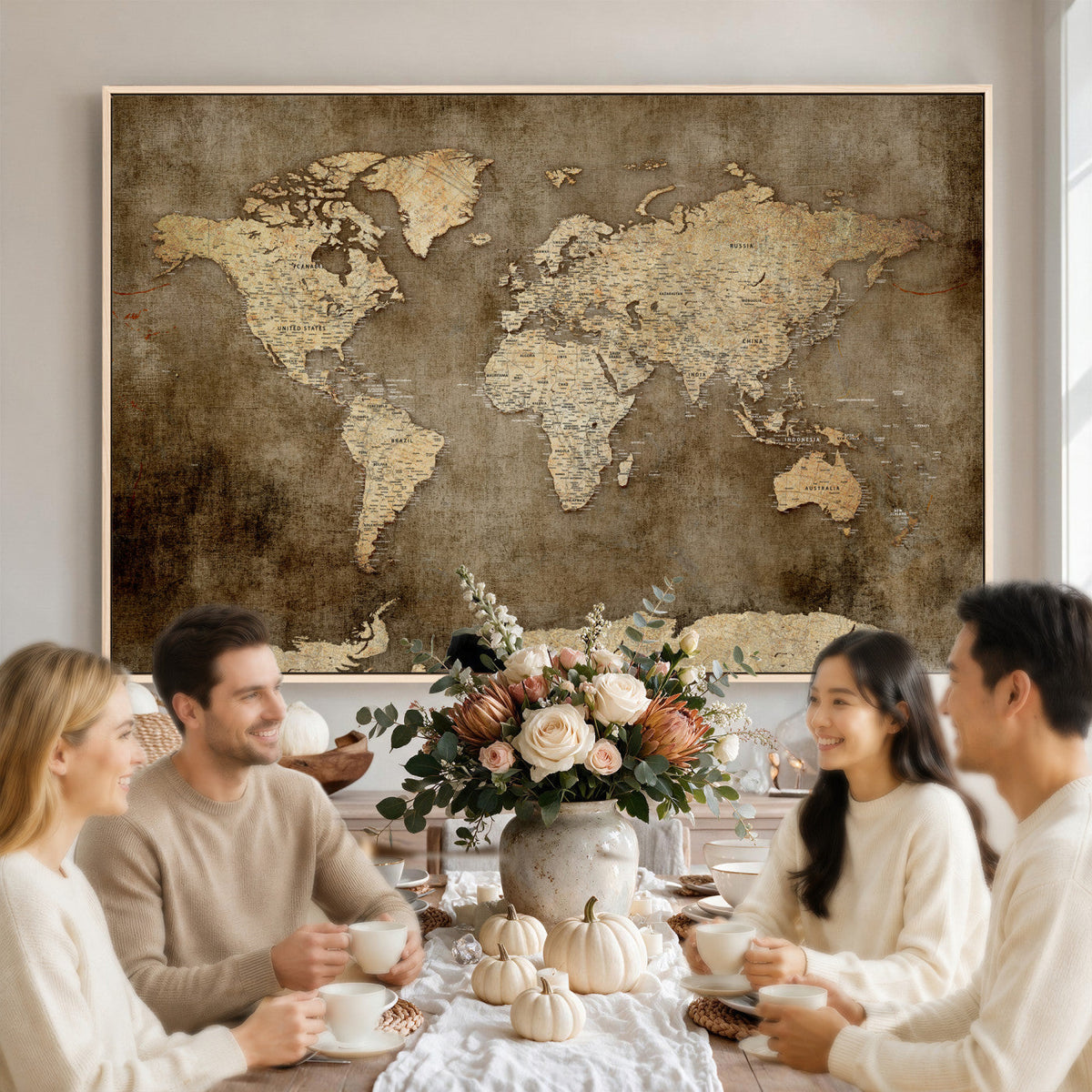 Dark Vintage World Map Canvas Wall Art Print, Antique Map Artwork