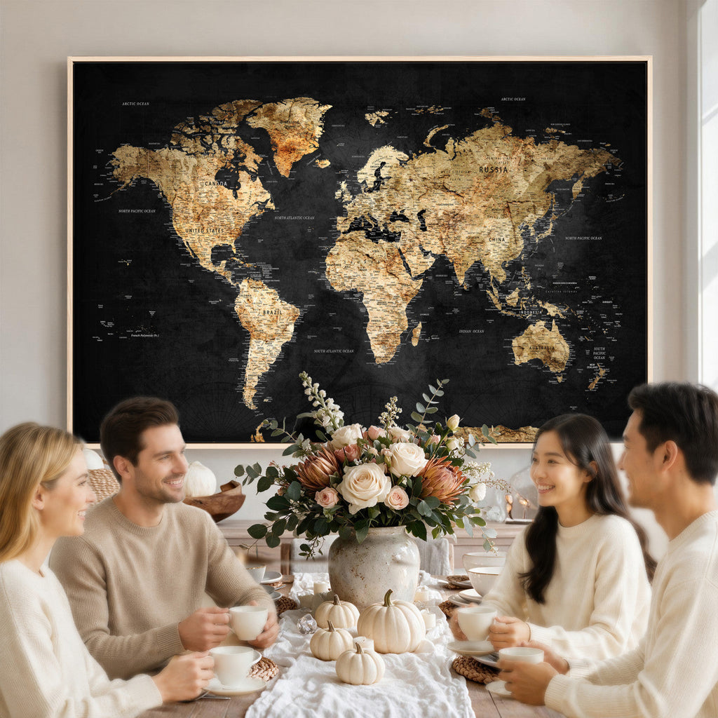 World Map Canvas Wall Art with Famous Landmarks | Framed Travel Map