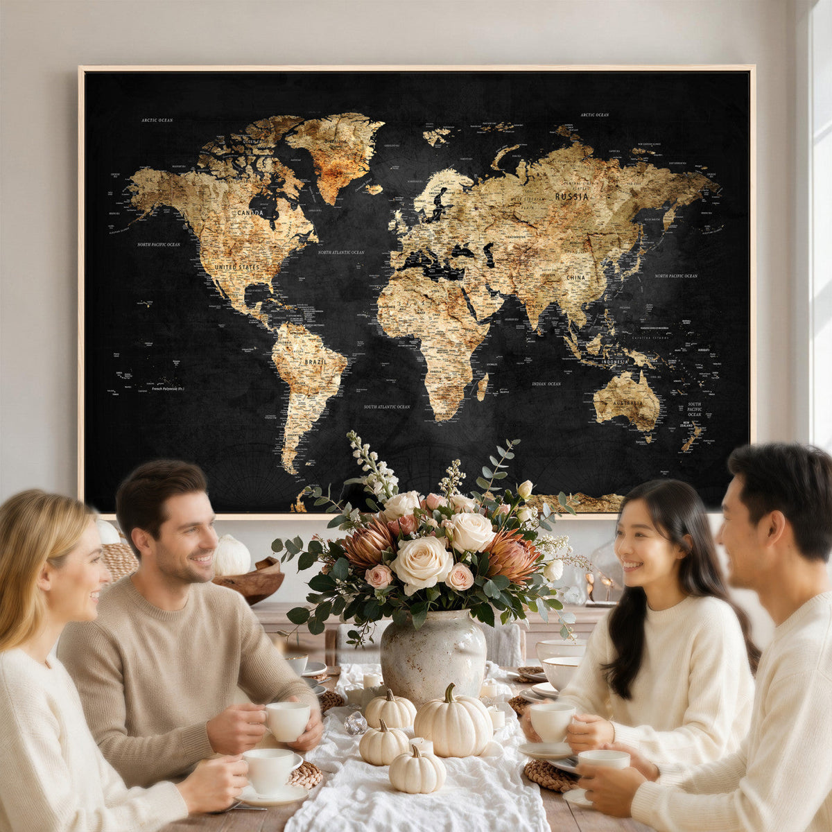 World Map Canvas Wall Art with Famous Landmarks | Framed Travel Map