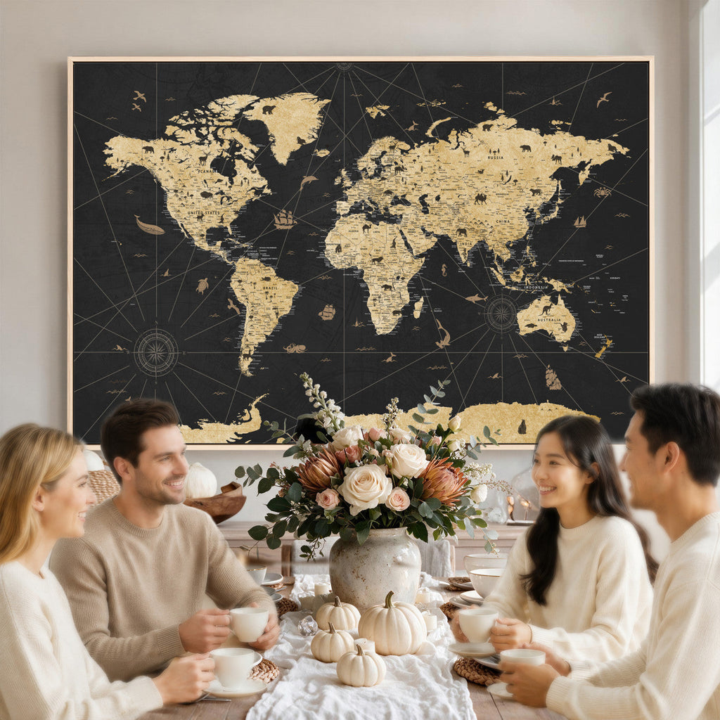 Vintage Blue and Brown World Map Canvas Wall Art | Framed Rustic Map Print