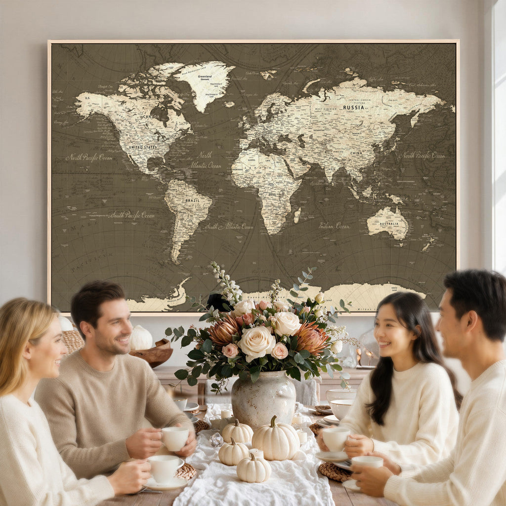 Vintage World Map Canvas Print | Framed Travel Map Wall Art for Couples