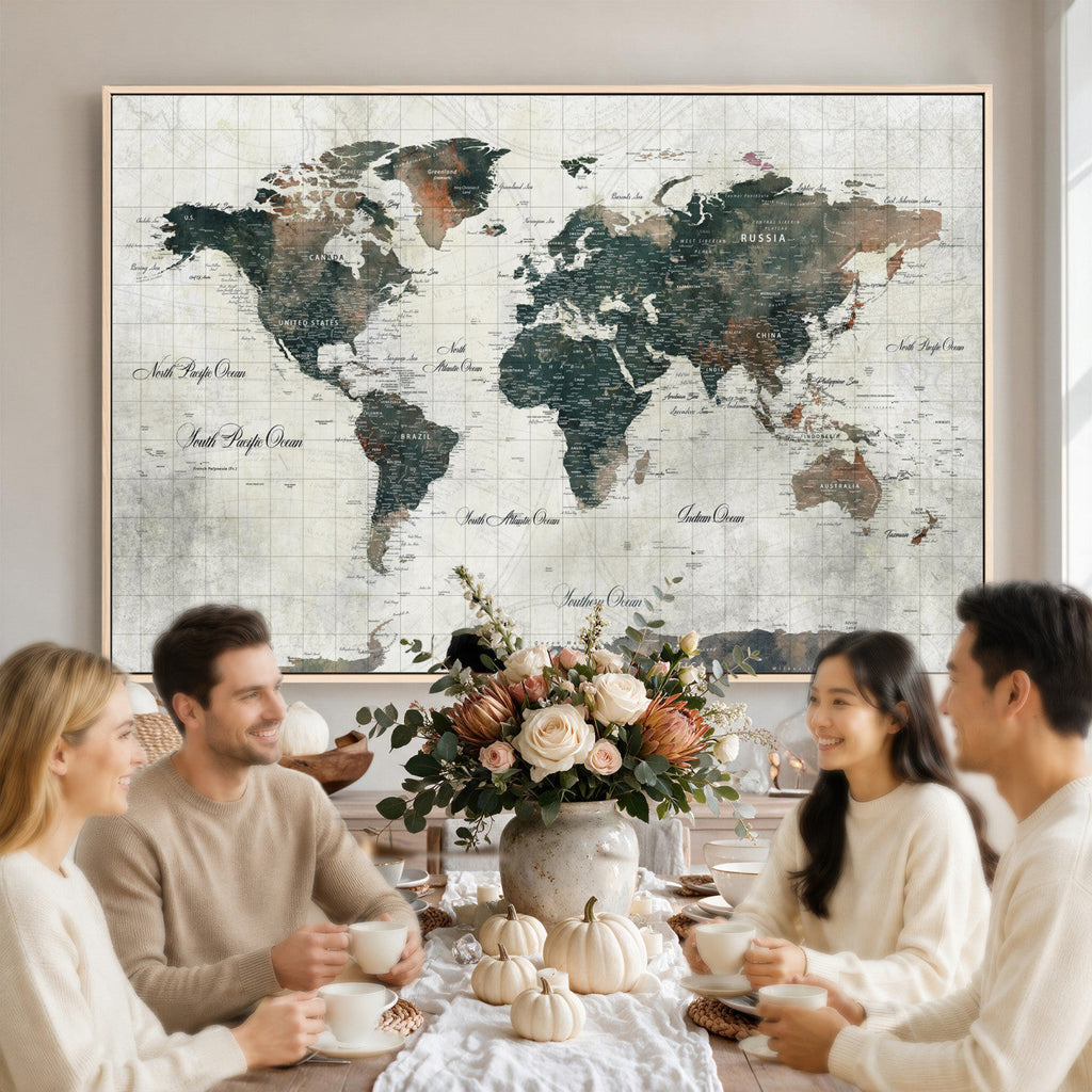 World Map Canvas Print | Framed Travel Map Wall Art for Couples