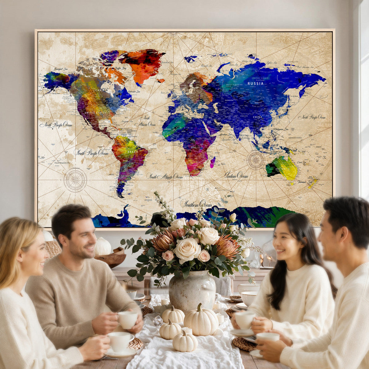 Watercolor World Map Canvas Print | Framed Wall Art for Couples