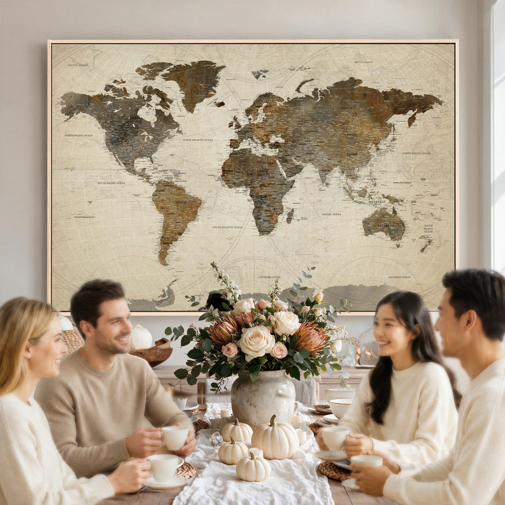 Vintage World Map Canvas Wall Art | Framed Antique Style Travel Map
