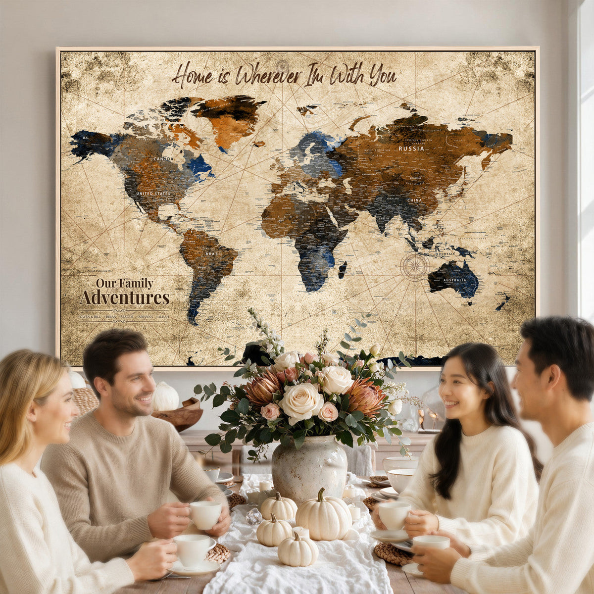 World Map Wall Art | Rustic Earth Tone Canvas Print, Antique Travel Map