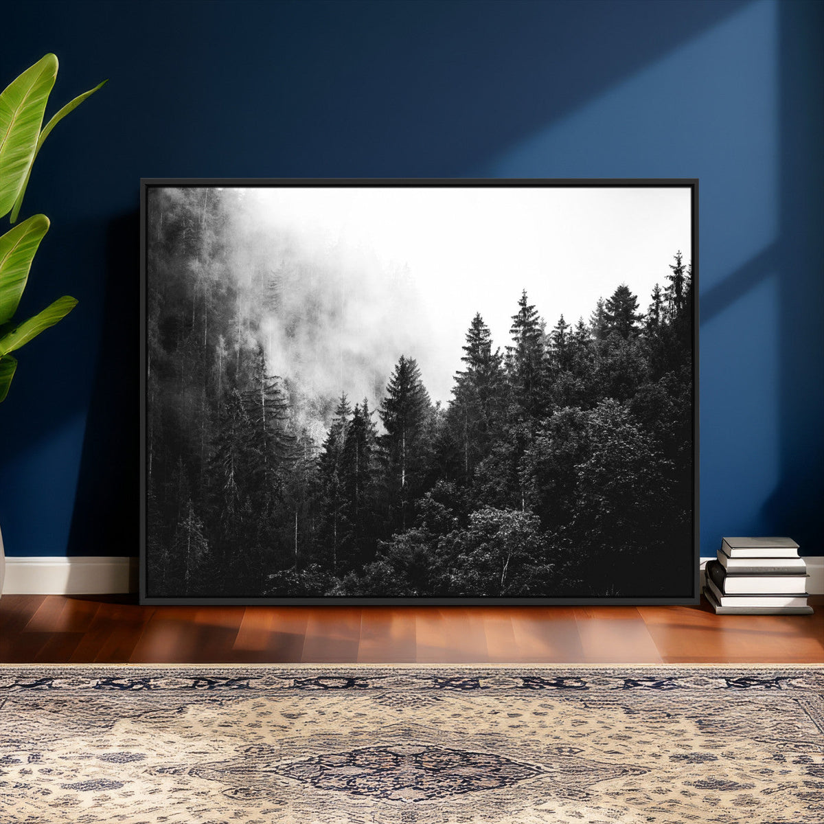 Black White Forest Wall Art Canvas Print, Misty Pine Tree Landscape