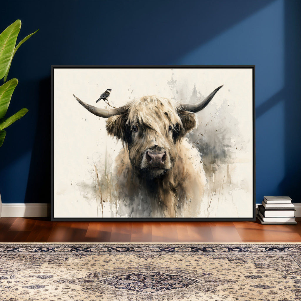 Abstract Highland Cow Wall Art Canvas Print, Rustic Farm Cattle Portrait