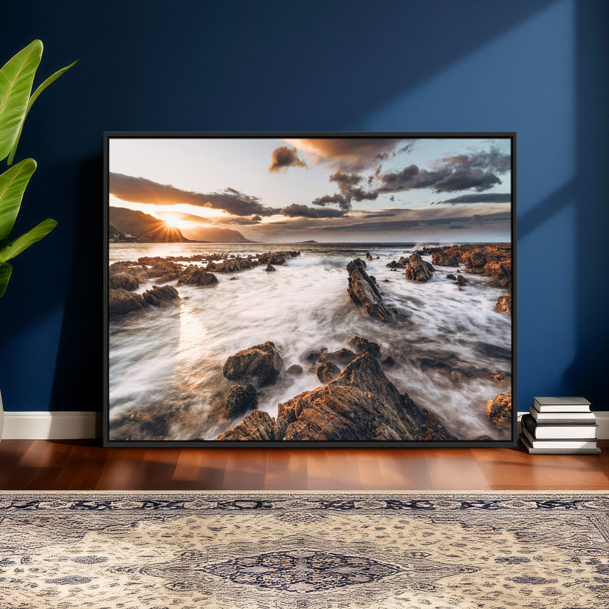 Rocky Coast Ocean Sunset Wall Art Canvas Print, Dramatic Seascape Nature Decor
