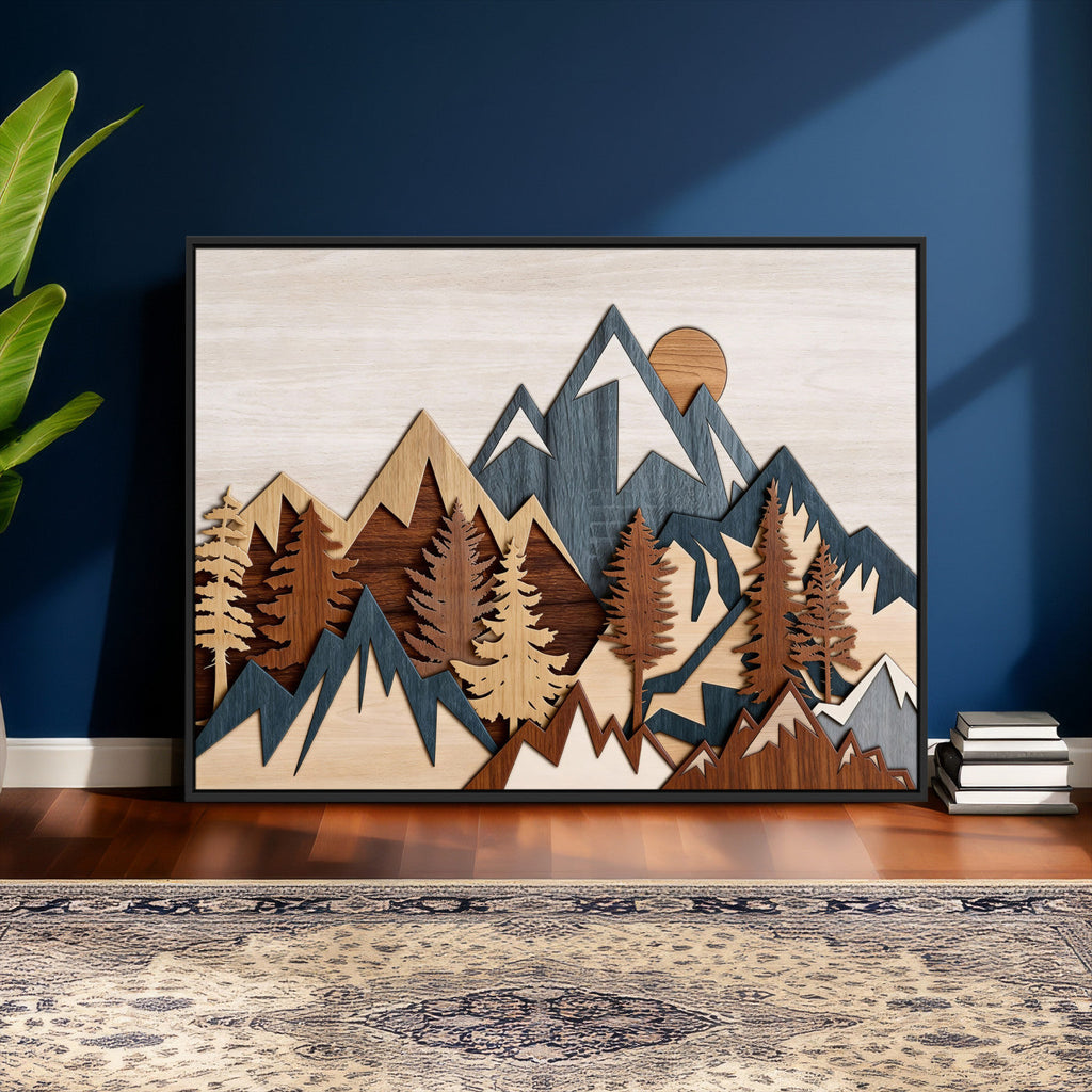 Layered Wooden Mountain Wall Art Canvas Print, Modern Rustic Forest and Pine Landscape