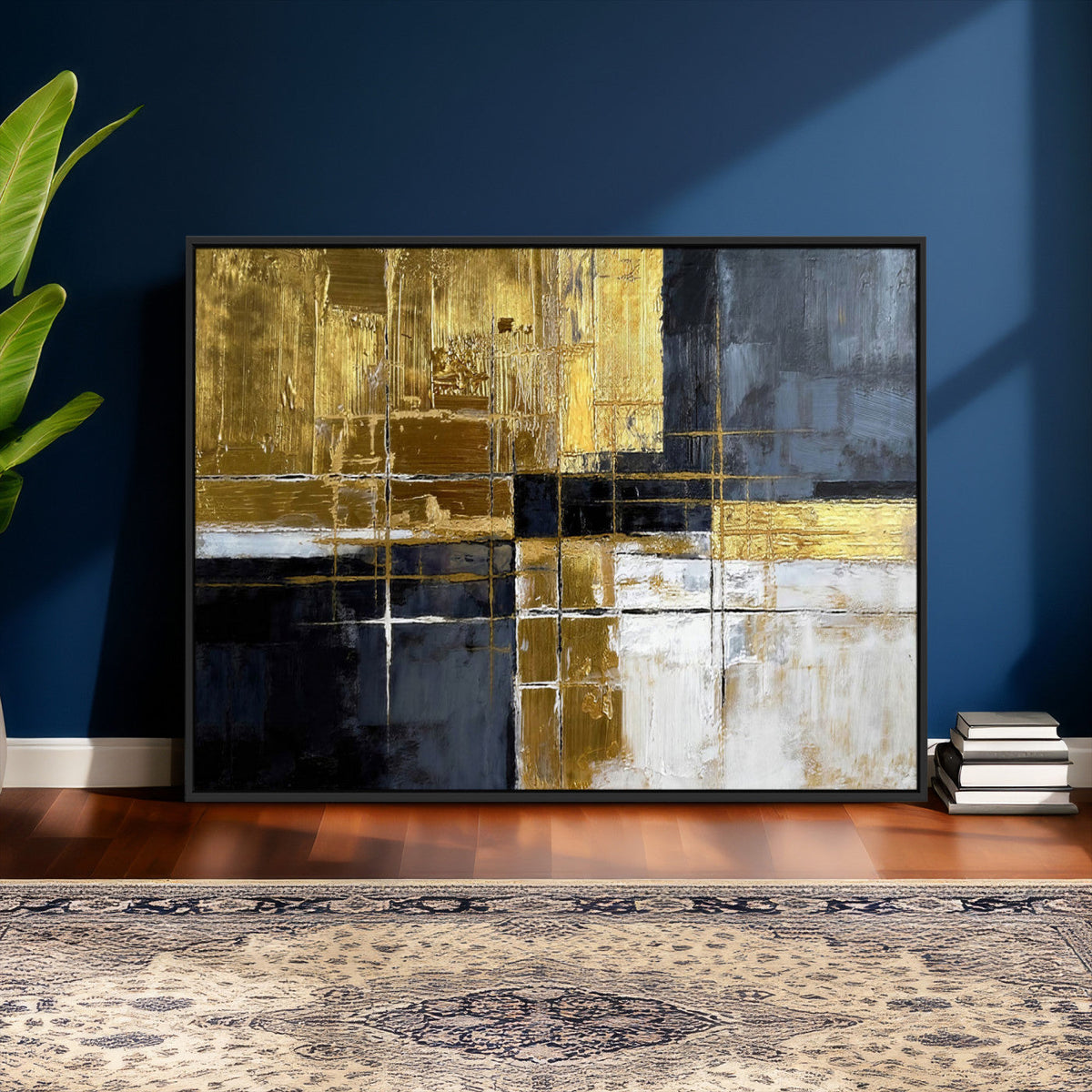 Gold Navy Abstract Wall Art Canvas Print, Modern Luxury Geometric Art for Living Room and Office