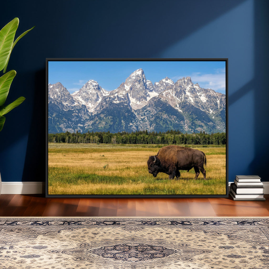 Bison in Mountain Landscape Wall Art Canvas Print, Western Decor