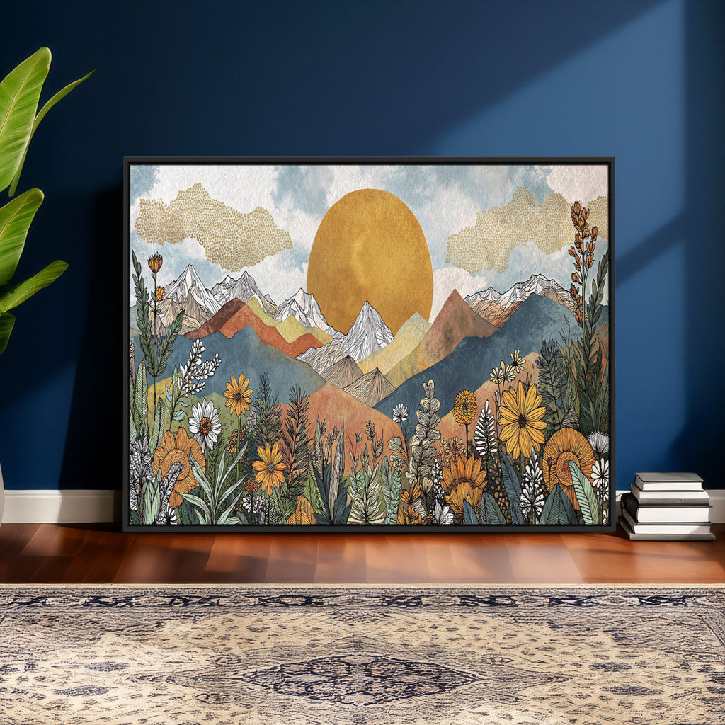 Boho Mountain Landscape Large Wall Art, Horizontal Gold Sun and Flowers Print