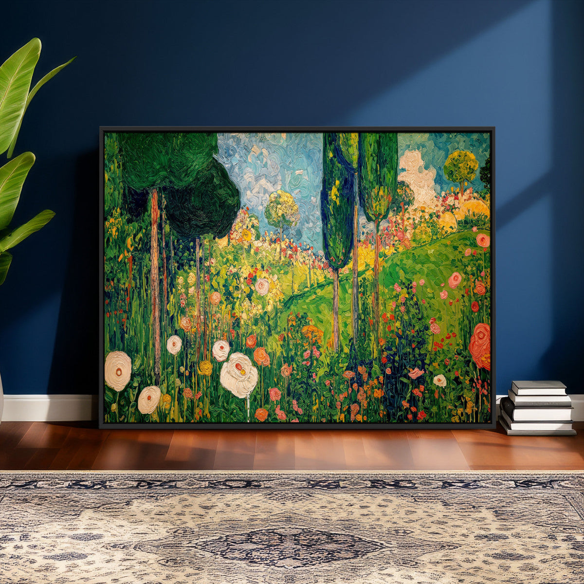 Gustav Klimt Boho Mountain Landscape Large Wall Art, Gold Sun and Flowers Print