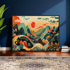 Yayoi Kusama Boho Mountain Landscape Large Wall Art, Gold Sun and Flowers Print