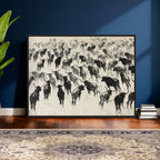 Longhorn Cattle Canvas Wall Art, Black White Stampede Ink