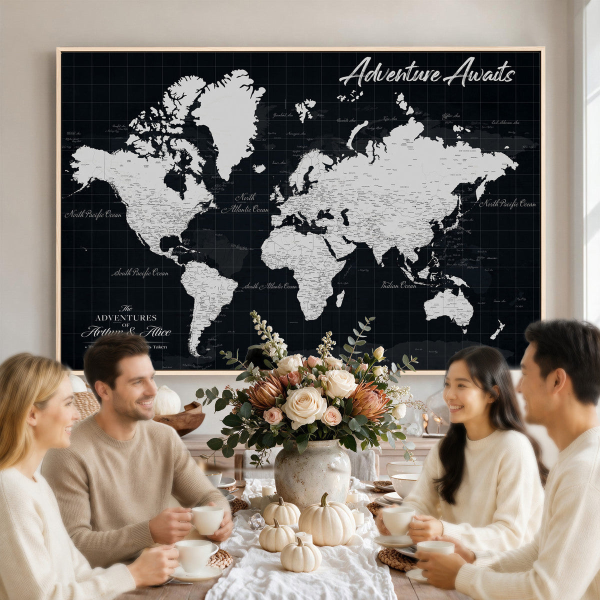 Personalized Black Push Pin Travel Map Canvas Print, Couples Countries Visited Map, Entryway and Hallway Decor