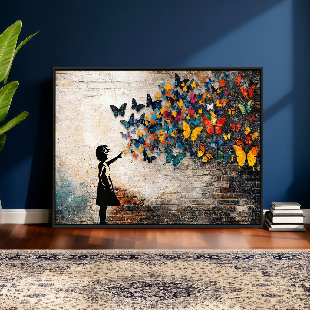 Banksy Graffiti Butterfly Girl Wall Art Canvas Print, Framed