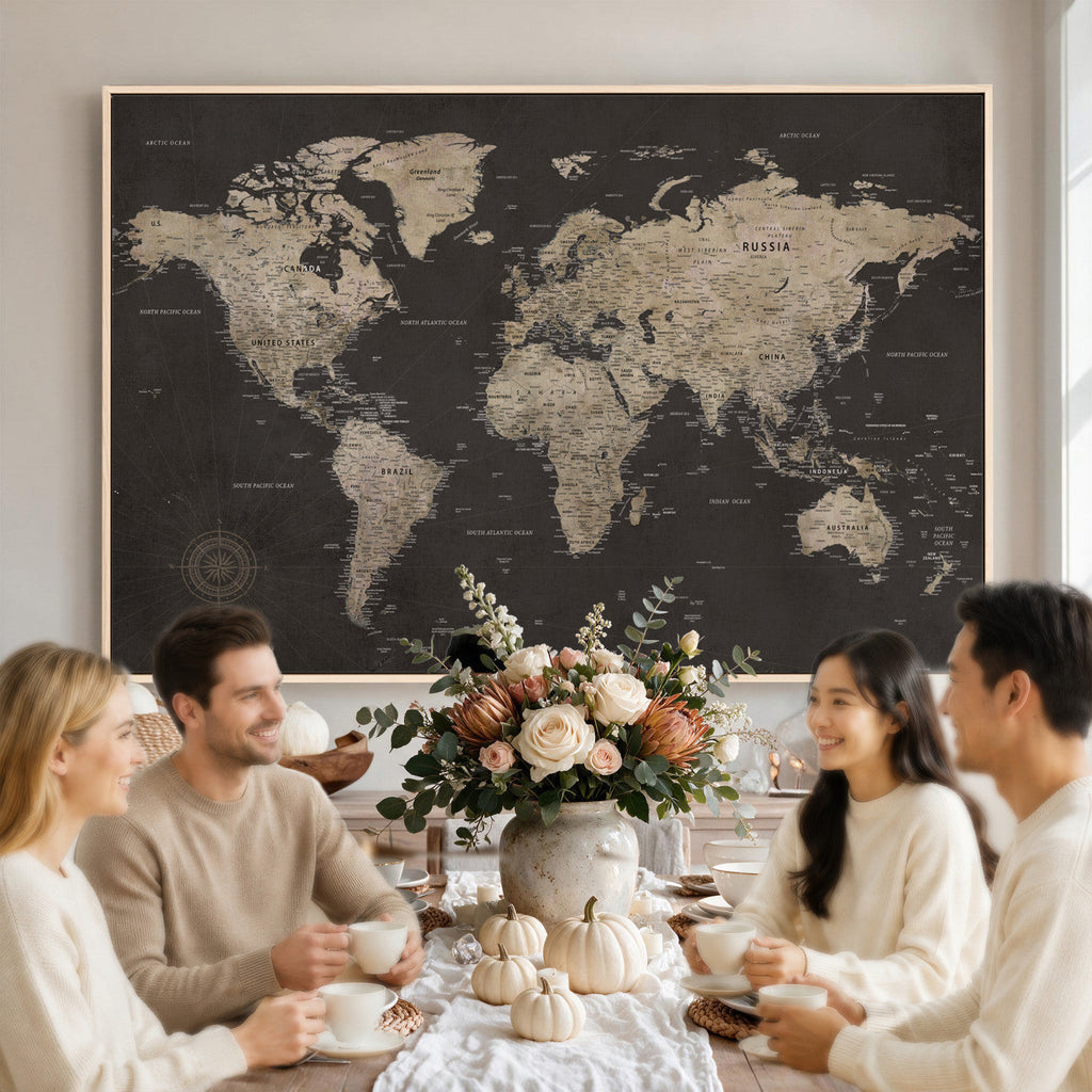 World Map Canvas Wall Art, Dark Charcoal and Antique Tan Detailed Map