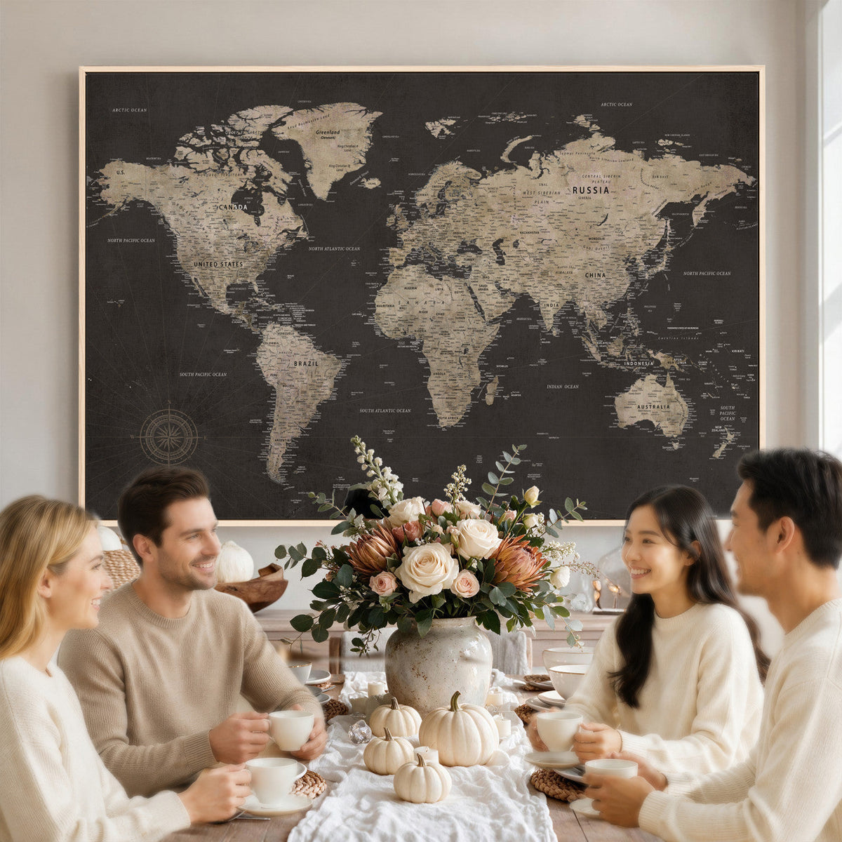 World Map Canvas Wall Art, Dark Charcoal and Antique Tan Detailed Map