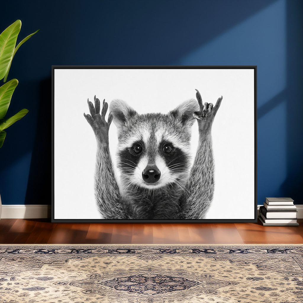 Funny Raccoon Canvas Wall Art, Black White Hands Up Animal Photo Print