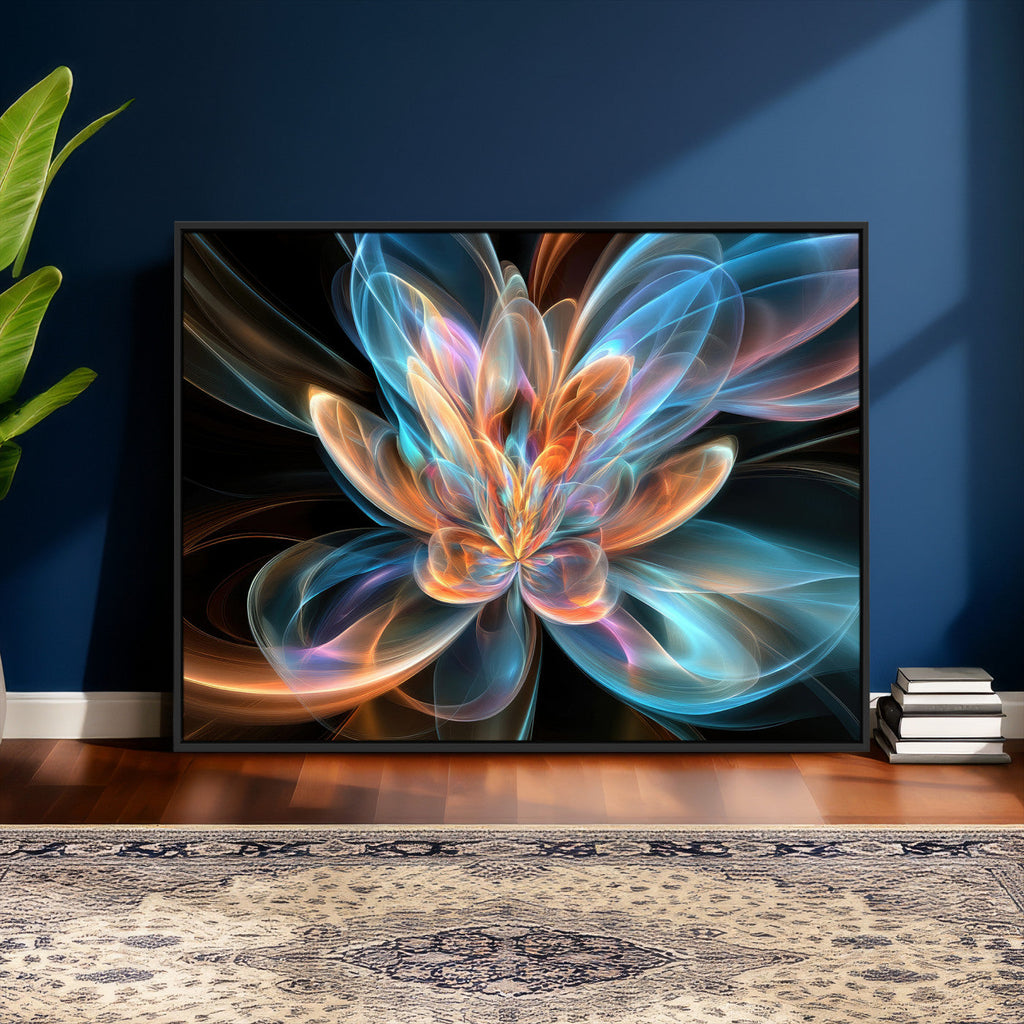 Fractal Lotus Canvas Wall Art, Blue Orange Glowing Flower Abstract Print