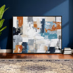 Blue Teal Abstract Canvas Wall Art, Modern Brushstroke Style Print, Navy Orange Contemporary Decor