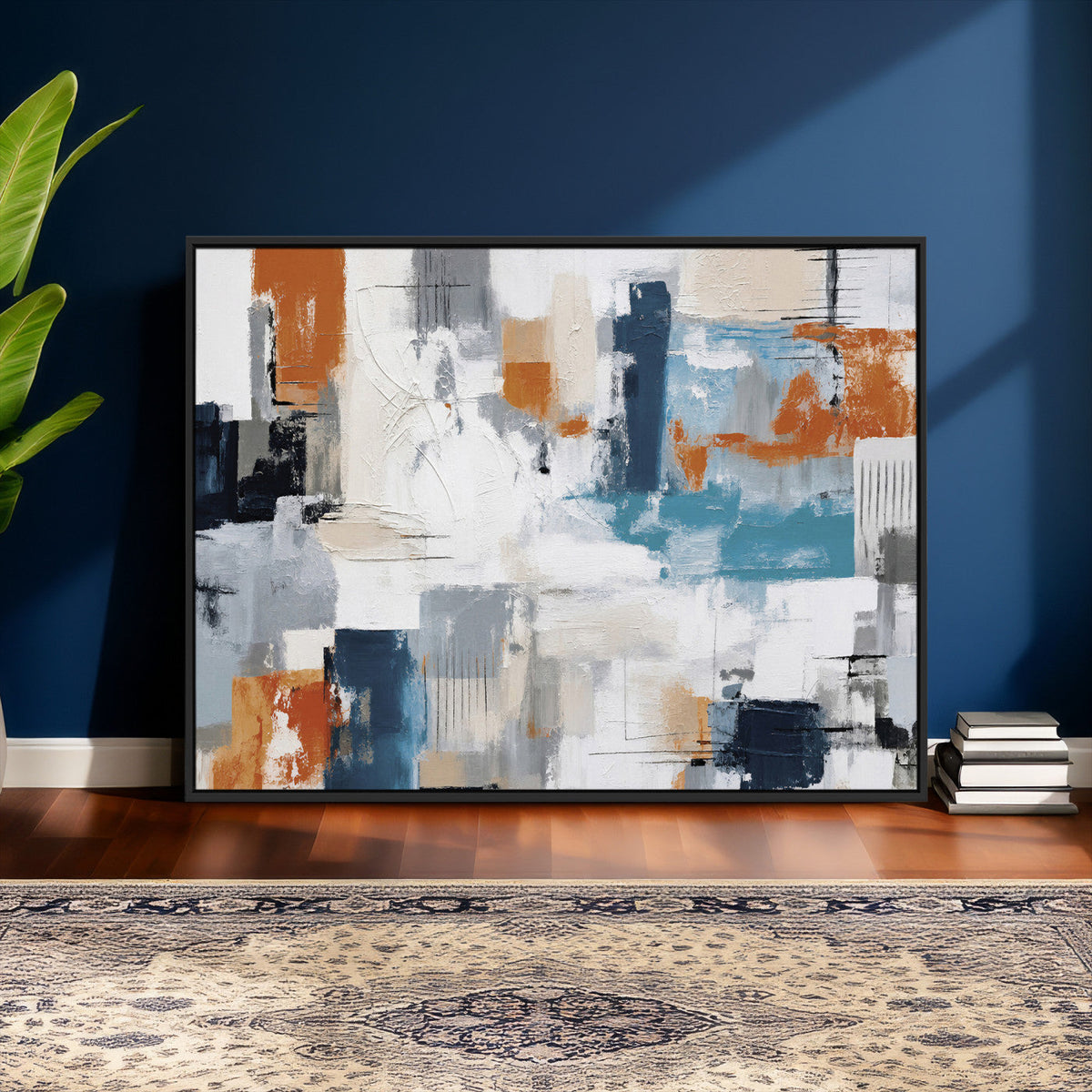 Blue Teal Abstract Canvas Wall Art, Modern Brushstroke Style Print, Navy Orange Contemporary Decor