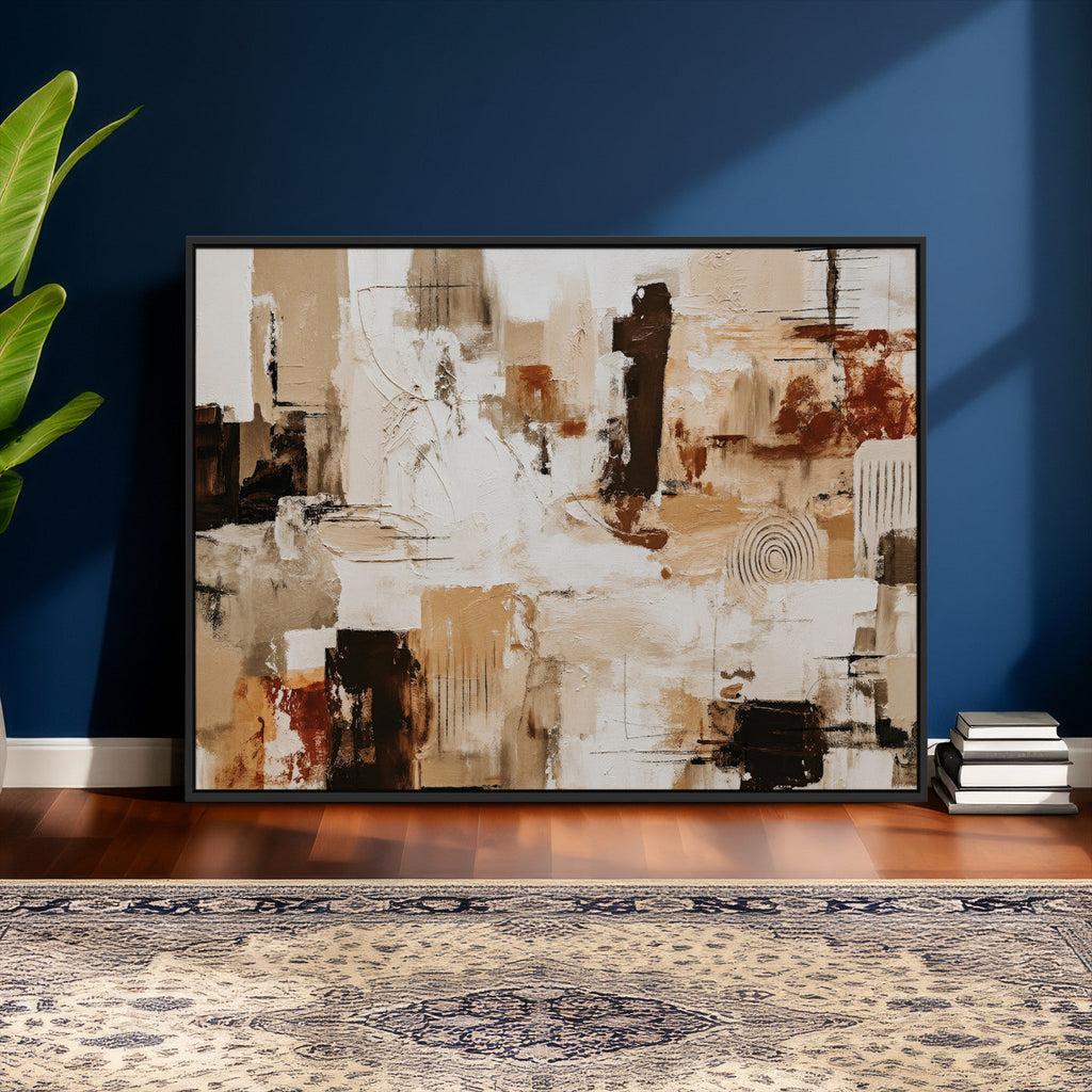 Blue Teal Abstract Canvas Wall Art, Modern Brushstroke Style Print, Navy Orange Contemporary Decor