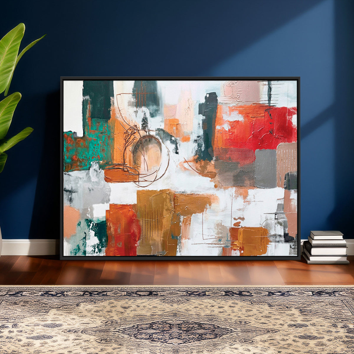 Blue Teal Abstract Canvas Wall Art, Modern Brushstroke Style Print, Navy Orange Contemporary Decor