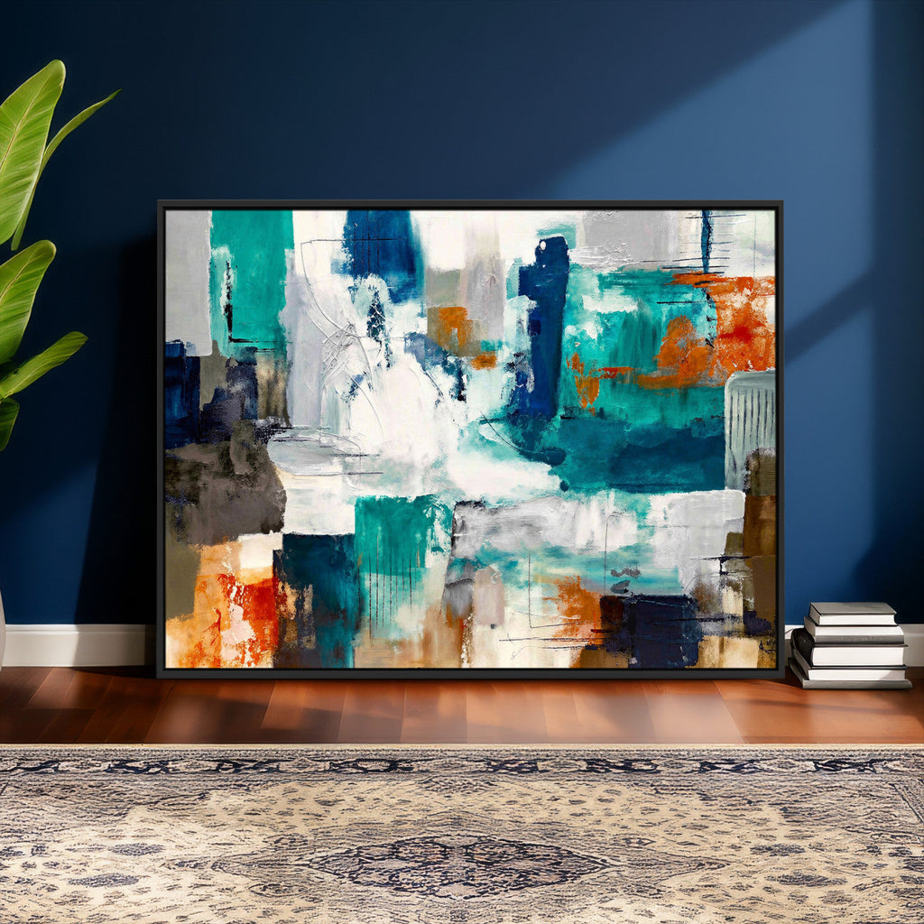 Blue Teal Abstract Canvas Wall Art, Modern Brushstroke Style Print, Navy Orange Contemporary Decor