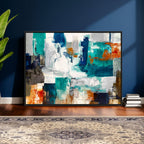 Blue Teal Abstract Canvas Wall Art, Modern Brushstroke Style Print, Navy Orange Contemporary Decor