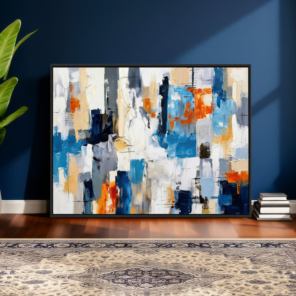 Blue Teal Abstract Canvas Wall Art, Modern Brushstroke Style Painting Print, Navy Orange Contemporary Decor