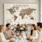 Personalized Beige Geometric Family Push Pin World Map Canvas Print, Honeymoon and Anniversary Gift, Living Room and Study Decor