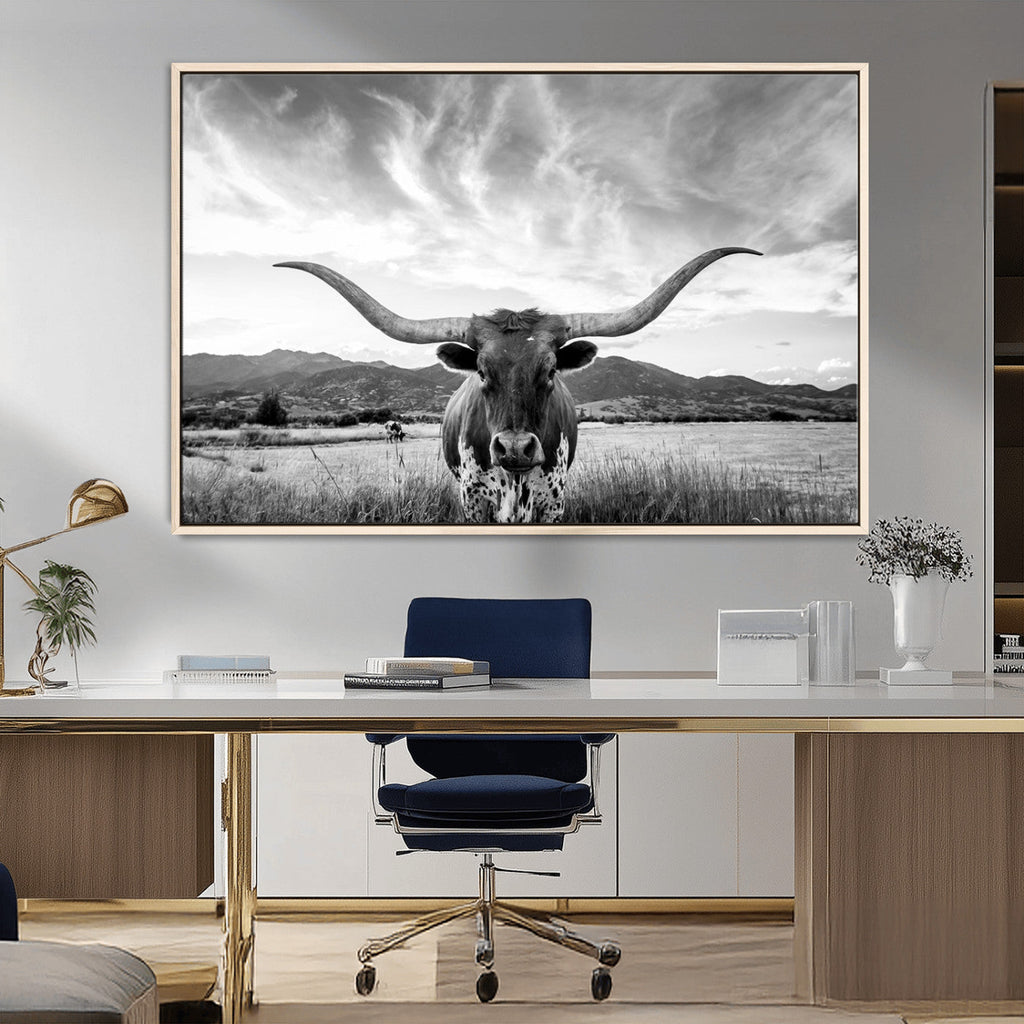Longhorn Black and White Wall Art | Rustic Western Bull Canvas Print