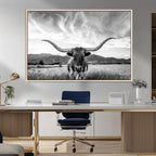 Longhorn Black and White Wall Art | Rustic Western Bull Canvas Print