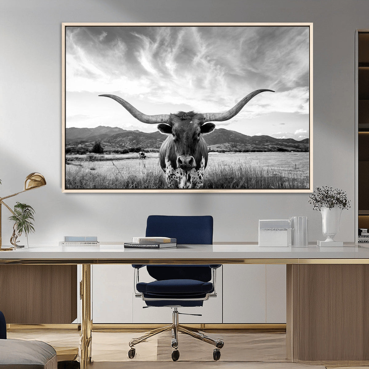 Longhorn Black and White Wall Art | Rustic Western Bull Canvas Print