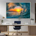 Ocean Wave Sunset Wall Art | Large Coastal Wave Canvas Print