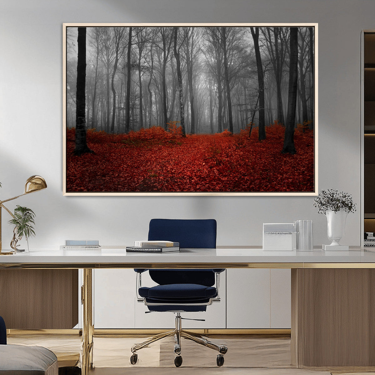 Red Forest Floor Canvas Wall Art | Mystical Foggy Woodland Triptych