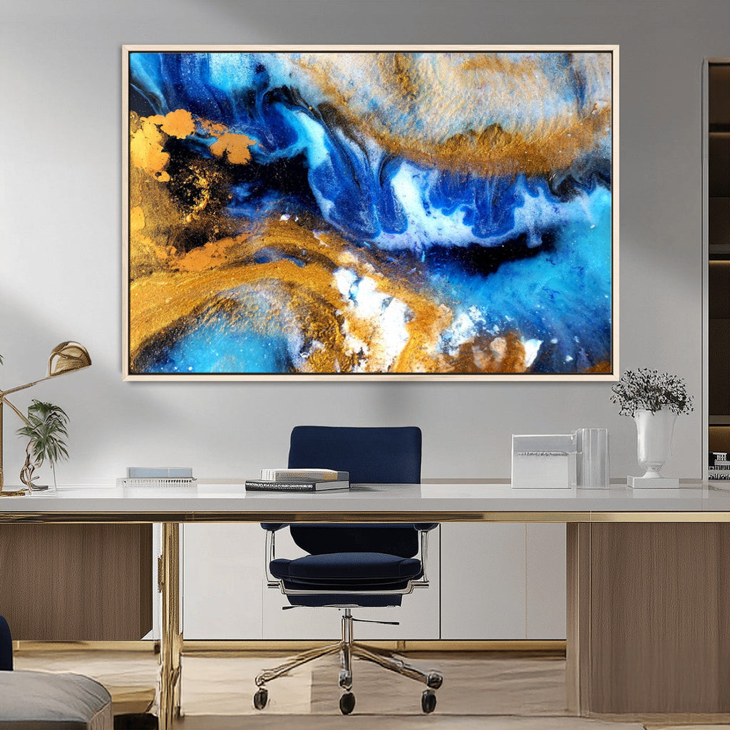 Blue Orange Marble Fluid Effect Canvas Wall Art Print